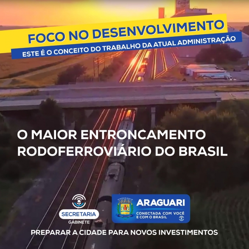 Promover este Corredor de Exportação é trabalhar para a geração de empregos e renda. Foco no desenvolvimento. Este é o conceito do trabalho da atual administração. O Corredor de Exportação de Araguari é um sistema integrado de transporte, armazenamento e escoamento de produtos destinados à exportação.