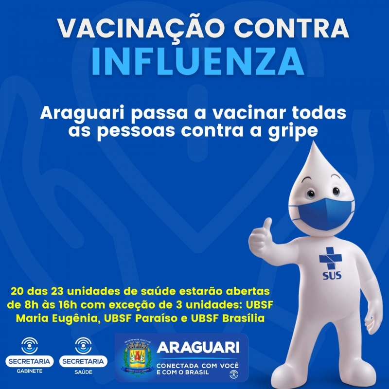 A partir desta terça-feira, 6 de julho, a cidade de Araguari seguirá a recomendação do Ministério da Saúde e abrirá para todos os públicos a vacina contra as influenzas (tipos mais graves de gripe). Quem tem mais de seis meses de idade e com um intervalo de, no mínimo, 15 dias de ter tomado a vacina contra a COVID-19 poderá ser vacinado. Os grupos antes elencados como prioritários continuam sendo vacinados.