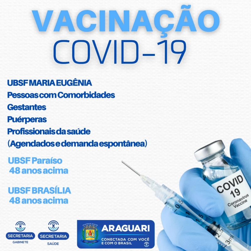 Nesta quarta-feira, 7 de julho, ARAGUARI passa a vacinar as pessoas com 48 anos ou mais. A vacinação de primeira dose para este grupo será apenas na UBSF Paraíso e UBSF Brasília e será de 8h às 16h. Os caminhoneiros também serão vacinados, de 8h às 16h, no aeroporto.