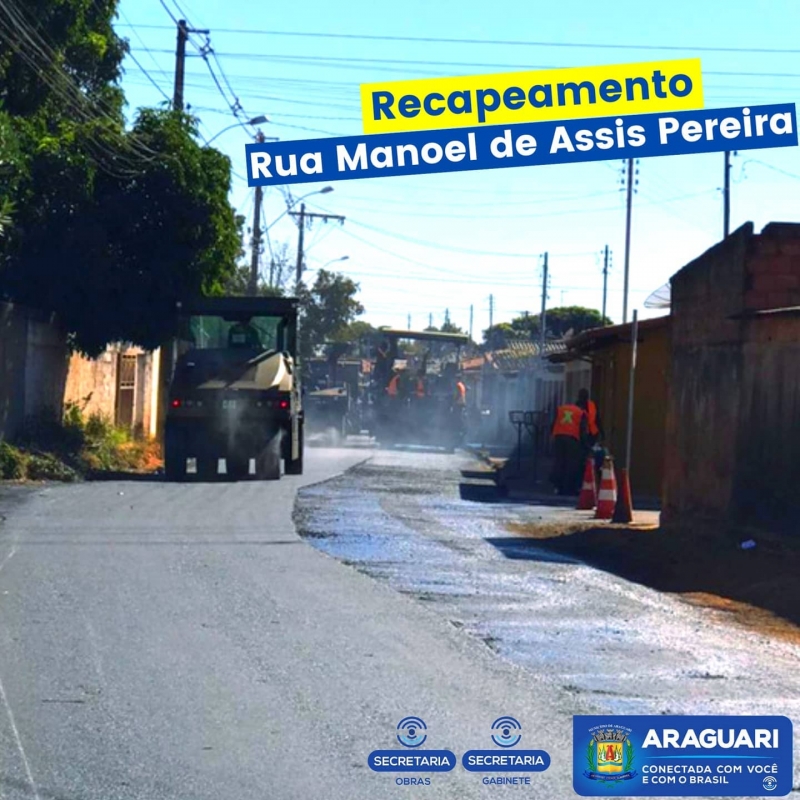 A Prefeitura de Araguari, através da Secretaria de Obras promoveu nesta semana, o recapeamento da Rua Manoel de Assis Pereira, Bairro Goiás. A via é um ponto importante de ligação entre as Avenidas Senador Melo Vianna com Belchior de Godoy.