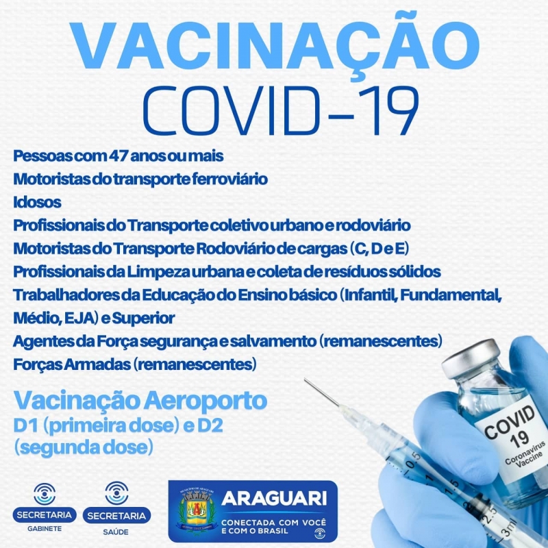 Nesta quinta-feira, 8 de julho, a cidade avança com a vacinação contra a COVID-19 para pessoas com 47 anos e também com aplicação de primeira dose para os motoristas do transporte ferroviário. Nesse caso, é preciso fazer o cadastro no site da prefeitura, apresentar a carteira de trabalho e ainda um documento (declaração), que comprove o exercício da atividade. A vacinação será para pedestres e de 8h às 16h.