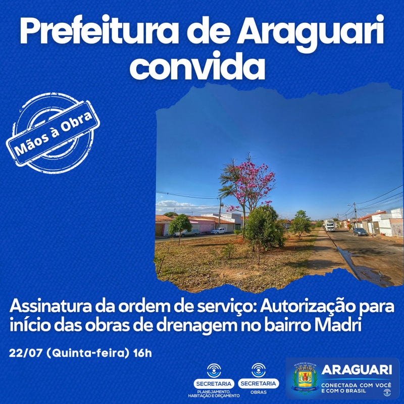 Um dos principais compromissos firmados com a população araguarina pela atual administração está sendo cumprido com Assinatura da Ordem de Serviço, já para o início das obras de drenagem no Bairro Madri.