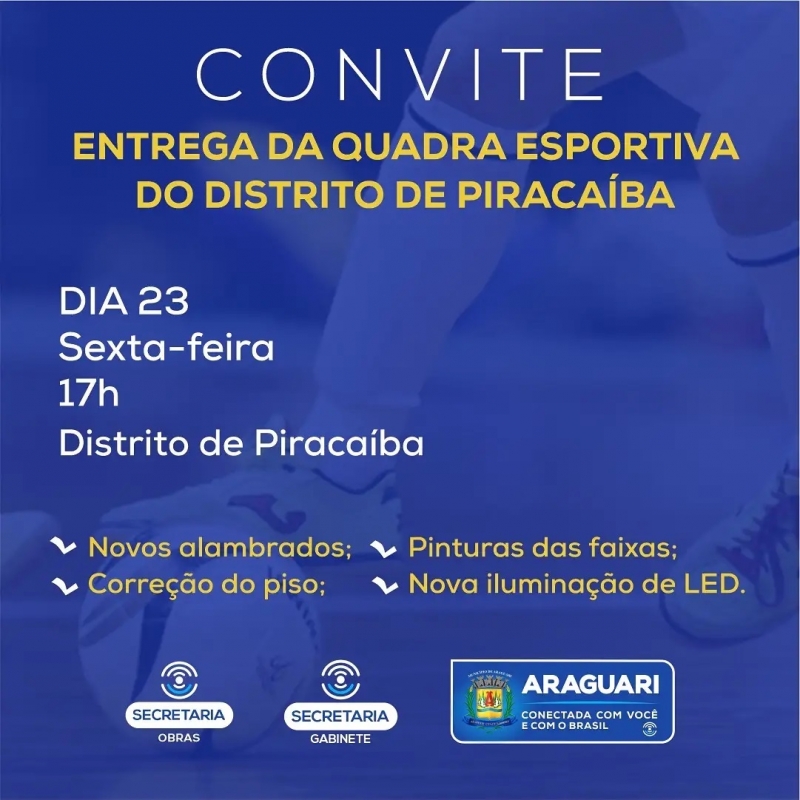 A Secretaria de Esportes com apoio da Secretaria de Serviços Urbanos e Distritais e Secretaria de Obras trabalhou na revitalização da quadra de esportes no Distrito de Piracaíba. Está sendo entregue à comunidade uma quadra novinha.