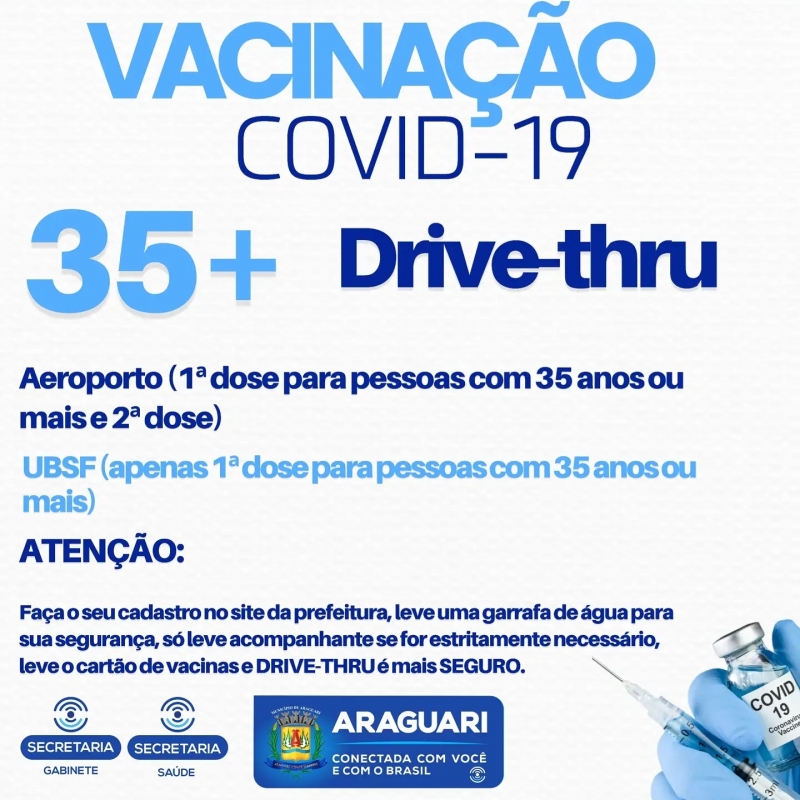 Em função da agilidade no processo de vacinação nesta sexta-feira (23) e com uma equipe preparada, a cidade segue vacinando as pessoas com 35 anos ou mais. A vacinação acontece no aeroporto da cidade, em drive-thru e para pedestres, até às 16h. A segunda dose também está sendo aplicada no local para quem tomou a Astrazeneca há mais de 84 dias ou a Coronavac há mais de 15 dias.