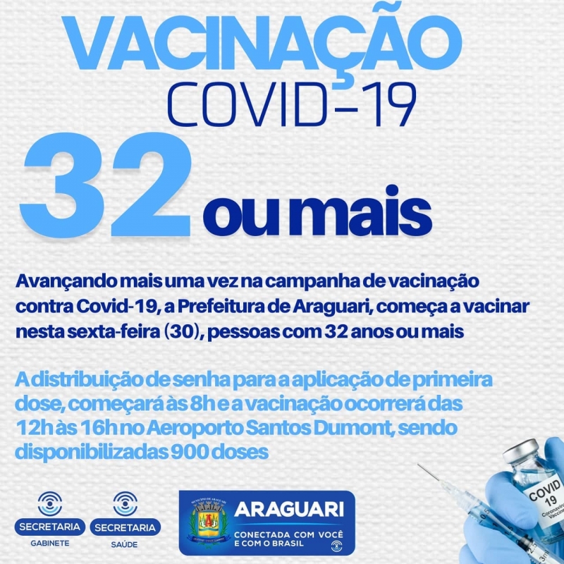 Avançando mais uma vez na campanha de vacinação contra Covid-19, a Prefeitura de Araguari, começa a vacinar nesta sexta-feira (30), pessoas com 32 anos ou mais. A distribuição de senha para a aplicação de primeira dose, começará às 8h e a vacinação ocorrerá das 12h às 16h no Aeroporto Santos Dumont e na UBSF do bairro Paraíso. Serão disponibilizadas 900 doses no Aeroporto e 620 na Unidade de Saúde. A Prefeitura informa que a aplicação da segunda dose da vacina contra a Covid-19, será apenas no Aeroporto Santos Dumont das 8h às 11.