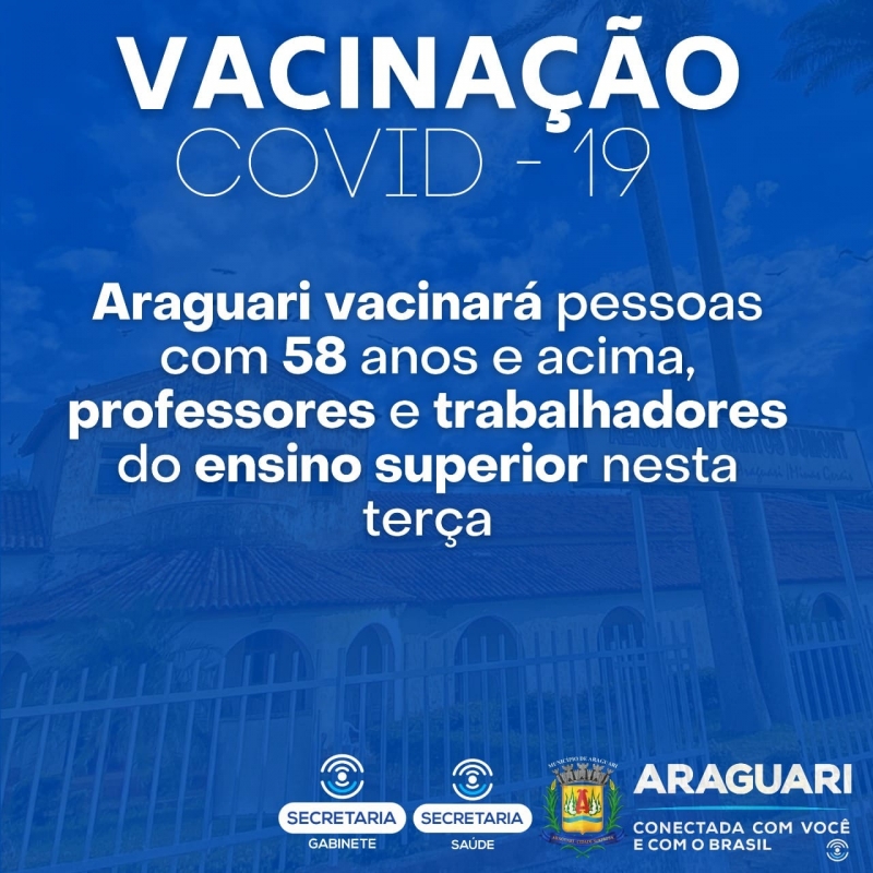 A partir desta terça-feira, 15 de junho, Araguari vacinará as pessoas com 58 anos ou mais e também todos os professores e trabalhadores da educação do ensino superior em função administrativa. Estes novos grupos de prioridade foram definidas com base na orientação do estado e de acordo com a disponibilidade de doses. Araguari recebeu, nesta segunda, mais de 3 mil doses de astrazeneca e pfizer. A vacinação acontece no aeroporto da cidade, entre 8h e 16h, em drive-thru.   Os demais grupos continuam sendo vacinados no mesmo local. Para estes, a vacinação acontece na tenda montada no interior do aeroporto. Os grupos seguem abaixo:   - professores e técnicos do EJA e ensino superior (que trabalham em Araguari) - idosos com 58 anos ou mais (primeira dose) - pessoas com comorbidades ou deficientes físicos com idade entre 18 e 59 anos (primeira dose) - agentes de segurança e de salvamento (primeira dose – só com agendamento) - profissionais da saúde e idosos que tomaram a astrazeneca há mais de 84 dias (intervalo ideal para retorno – não é preciso espera a data que foi colocada no cartão)