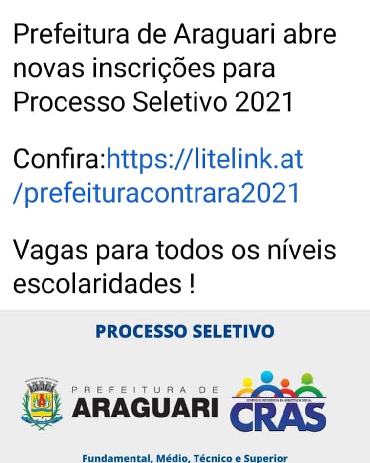 Notícia sobre novas inscrições para processo seletivo da Prefeitura de Araguari é falso  Durante esta segunda-feira, 21 de junho está circulando uma “fake news” sobre novas inscrições para processo seletivo para supostas vagas em todos os níveis escolares para a Prefeitura de Araguari.  A orientação da administração do município é não clicar no link que aparece na publicação que está sendo multiplicada em grupos de WhatsApp e em comunidades no Facebook porque pode trazer algum tipo de prejuízo para o usuário.  De acordo com o núcleo de tecnologia da Prefeitura, normalmente as fake news estão sempre relacionadas a algo que possa despertar a atenção de um grande número de pessoas. Outra dica é observar o que e como está escrito. Erros de escrita são muito comuns, como aparece: “ níveis escolaridades” e não níveis escolares.  A prefeitura sempre denuncia esse tipo de notícia falsa e toma providências jurídicas.