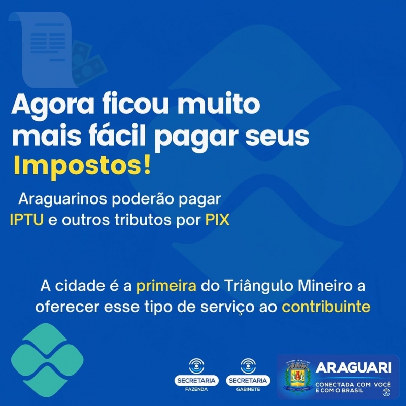 Nesta quinta-feira, 1º de julho, às 10h30, a prefeitura de Araguari vai lançar oficialmente o serviço de PIX nas guias de recolhimento de impostos e outros tributos do município. Isso significa que o contribuinte terá, além da opção de pagar os carnês em casas lotéricas e agências bancárias conveniadas, ainda terá como efetuar o pagamento pelo aplicativo do celular de qualquer banco em que ele tenha conta.