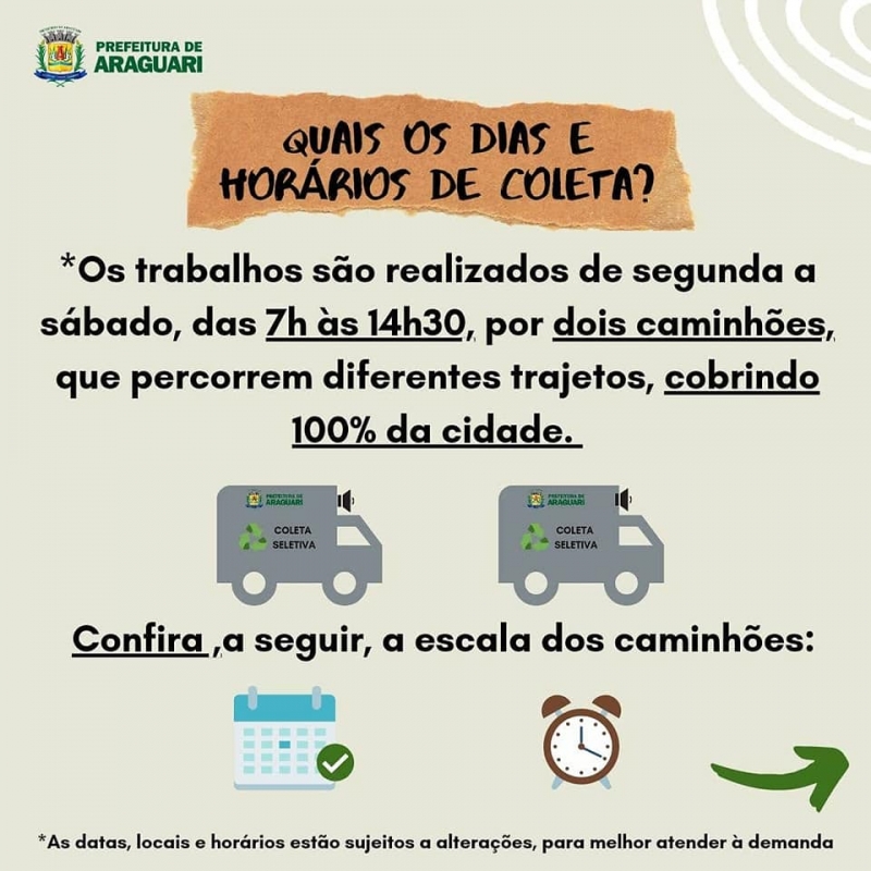 Olá, pessoal! É com muita alegria que vimos a público, por determinação do prefeito Renato Carvalho, anunciar a chegada do segundo caminhão da coleta seletiva mecanizada.   Com a aquisição do novo caminhão, o município de Araguari passa a ter, a partir de agora, coleta seletiva mecanizada de porta a porta em toda a cidade. Nesse post, pelas ilustrações, contamos a vocês tudo o que vocês precisam saber sobre a coleta e as novas rotas dos caminhões!   Havendo dúvidas, estaremos à disposição para esclarecimentos.