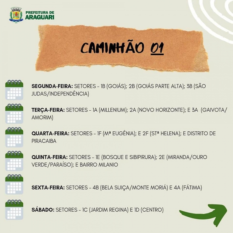 Olá, pessoal! É com muita alegria que vimos a público, por determinação do prefeito Renato Carvalho, anunciar a chegada do segundo caminhão da coleta seletiva mecanizada.   Com a aquisição do novo caminhão, o município de Araguari passa a ter, a partir de agora, coleta seletiva mecanizada de porta a porta em toda a cidade. Nesse post, pelas ilustrações, contamos a vocês tudo o que vocês precisam saber sobre a coleta e as novas rotas dos caminhões!   Havendo dúvidas, estaremos à disposição para esclarecimentos.