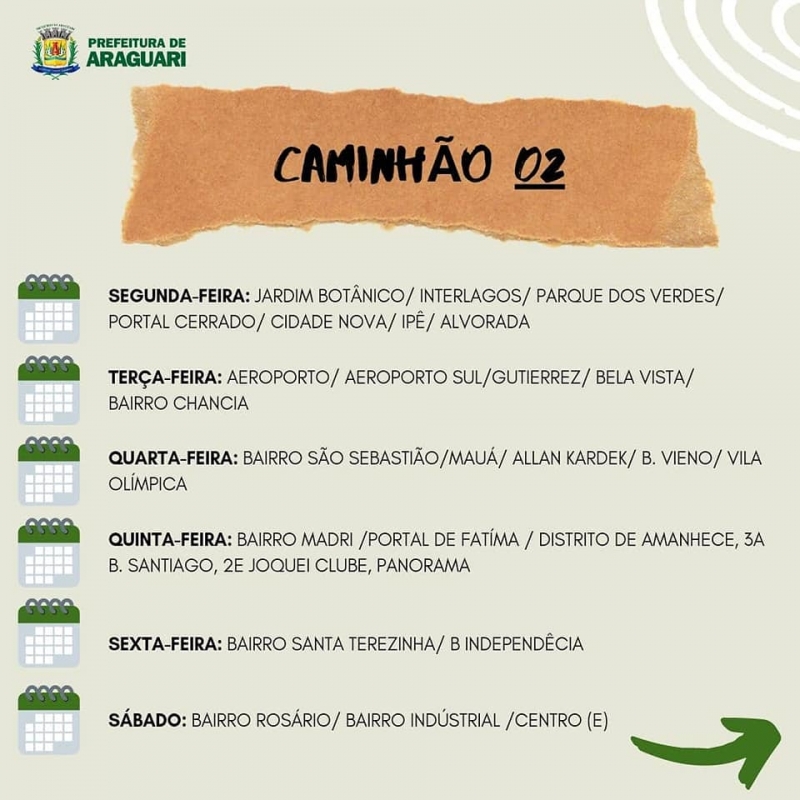 Olá, pessoal! É com muita alegria que vimos a público, por determinação do prefeito Renato Carvalho, anunciar a chegada do segundo caminhão da coleta seletiva mecanizada.   Com a aquisição do novo caminhão, o município de Araguari passa a ter, a partir de agora, coleta seletiva mecanizada de porta a porta em toda a cidade. Nesse post, pelas ilustrações, contamos a vocês tudo o que vocês precisam saber sobre a coleta e as novas rotas dos caminhões!   Havendo dúvidas, estaremos à disposição para esclarecimentos.
