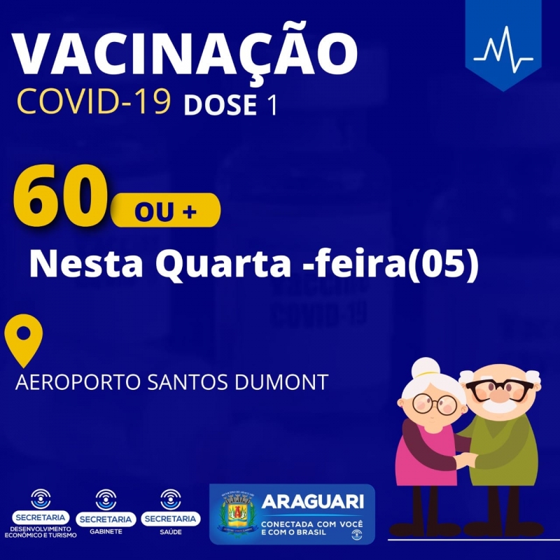 Nesta quarta-feira, dia 5 de maio, a Secretaria Municipal de Saúde iniciará a vacinação contra a Covid-19 para as pessoas acima de 60 anos. Os idosos com 60 anos ou mais devem procurar o Aeroporto Municipal para tomar a primeira dose da vacina Astrazeneca.