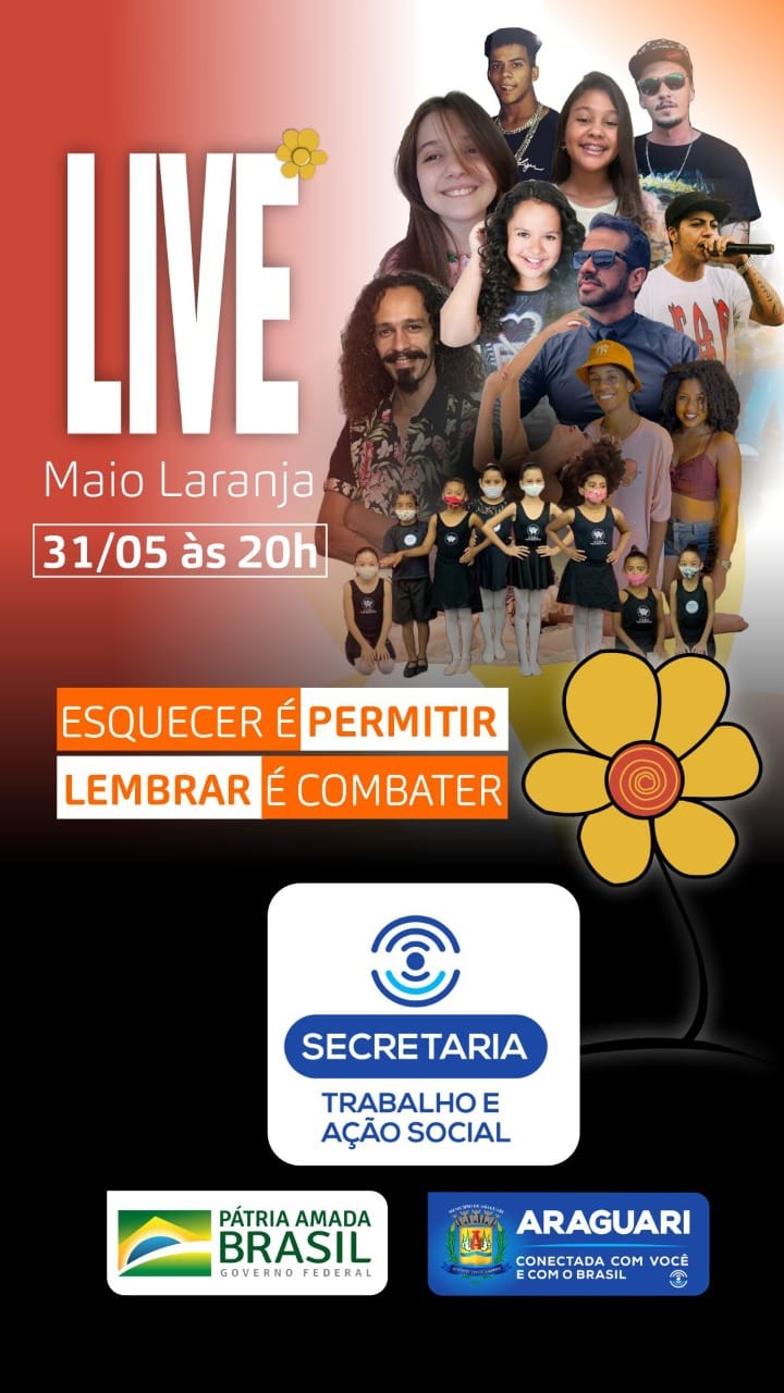 A Secretaria do Trabalho e Ação Social, convida toda a população, para a grande live que acontecerá nesta segunda feira (31) às 20:00, transmitidas diretamente da Casa da Cultura em um cenário de encanto e magia com atrações imperdíveis. O evento finaliza as atividades do mês de maio alusivas à campanha de combate ao abuso e exploração sexual de crianças e adolescentes. Junte sua familia, acomode no seu lugar preferido, e embarque conosco nesta viagem.