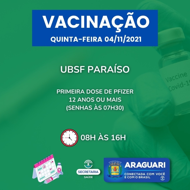 Nesta quinta-feira (4), a prefeitura de Araguari continuará com a imunização para pessoas com 12 anos ou mais que ainda não se vacinaram, segunda dose de Pfizer, Coronavac, dose de reforço para idosos de 60 anos ou mais, profissionais da Saúde e Imunossuprimidos.