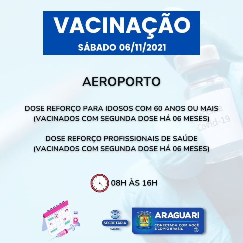 A imunização será disponibilizada para pessoas com 12 anos ou mais que ainda não se vacinaram, segunda dose de Pfizer, Coronavac, Astrazeneca, dose de reforço para idosos de 60 anos ou mais, profissionais da Saúde e Imunossuprimidos.