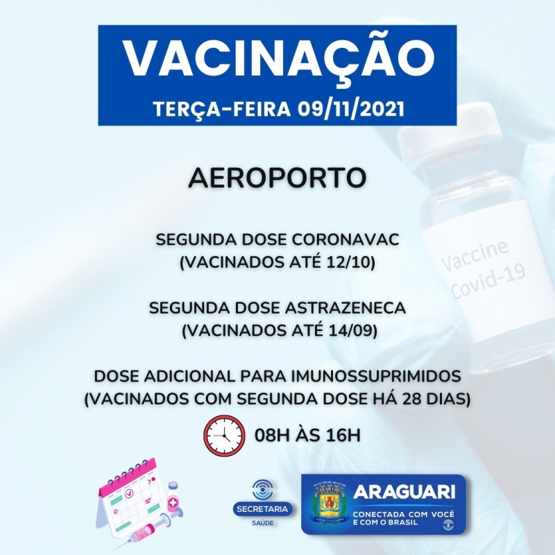 A prefeitura de Araguari dará continuidade à vacinação contra Covid-19 nesta terça-feira (9), com a imunização de pessoas com 12 anos ou mais que ainda não se vacinaram, segunda dose de Pfizer, Coronavac e Astrazeneca, dose de reforço para idosos de 60 anos ou mais, profissionais da Saúde e Imunossuprimidos.