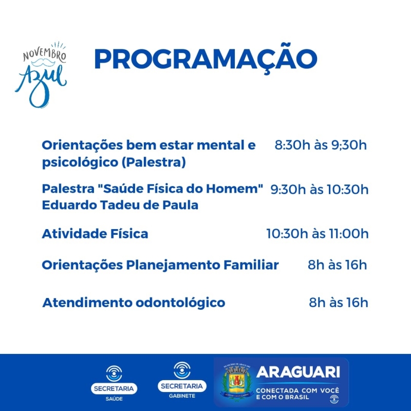 A campanha Novembro Azul está acontecendo com várias atividades promovidas pela secretaria de Saúde, voltadas aos homens do município. Fazendo parte do roteiro de ações, neste sábado, dia 13, serão realizadas várias atividades na Policlínica Dr. Oabi Gebrim, denominado dia ‘D’ da campanha.