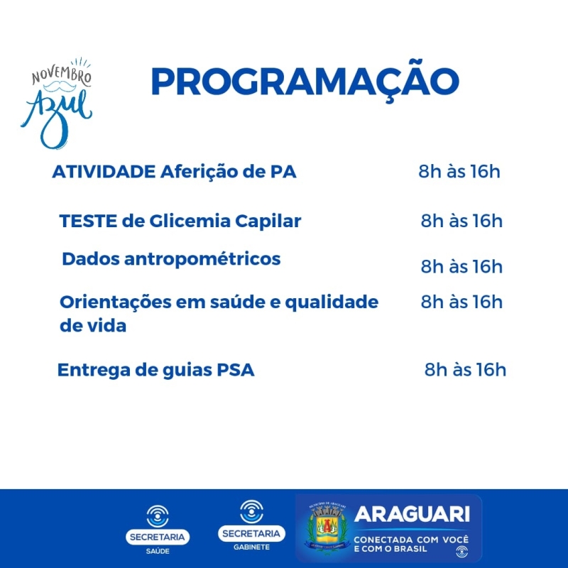 A campanha Novembro Azul está acontecendo com várias atividades promovidas pela secretaria de Saúde, voltadas aos homens do município. Fazendo parte do roteiro de ações, neste sábado, dia 13, serão realizadas várias atividades na Policlínica Dr. Oabi Gebrim, denominado dia ‘D’ da campanha.