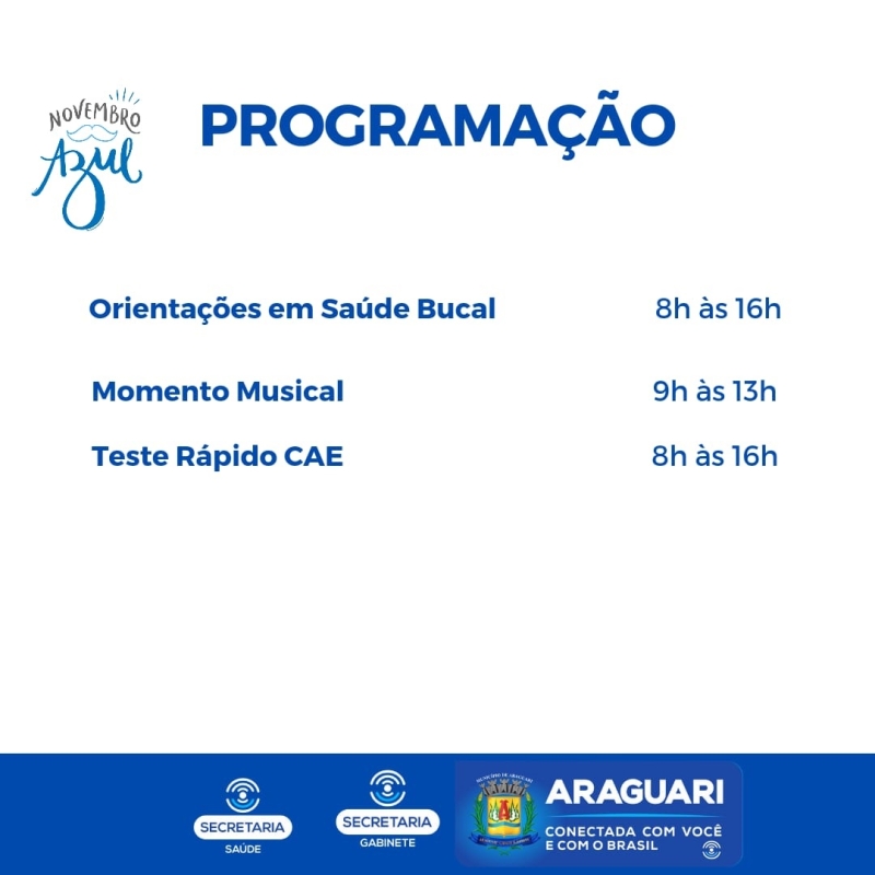 A campanha Novembro Azul está acontecendo com várias atividades promovidas pela secretaria de Saúde, voltadas aos homens do município. Fazendo parte do roteiro de ações, neste sábado, dia 13, serão realizadas várias atividades na Policlínica Dr. Oabi Gebrim, denominado dia ‘D’ da campanha.