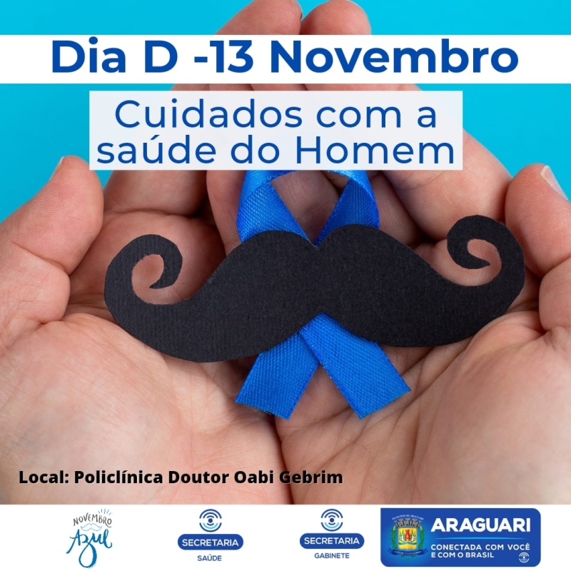 A campanha Novembro Azul está acontecendo com várias atividades promovidas pela secretaria de Saúde, voltadas aos homens do município. Fazendo parte do roteiro de ações, neste sábado, dia 13, serão realizadas várias atividades na Policlínica Dr. Oabi Gebrim, denominado dia ‘D’ da campanha.