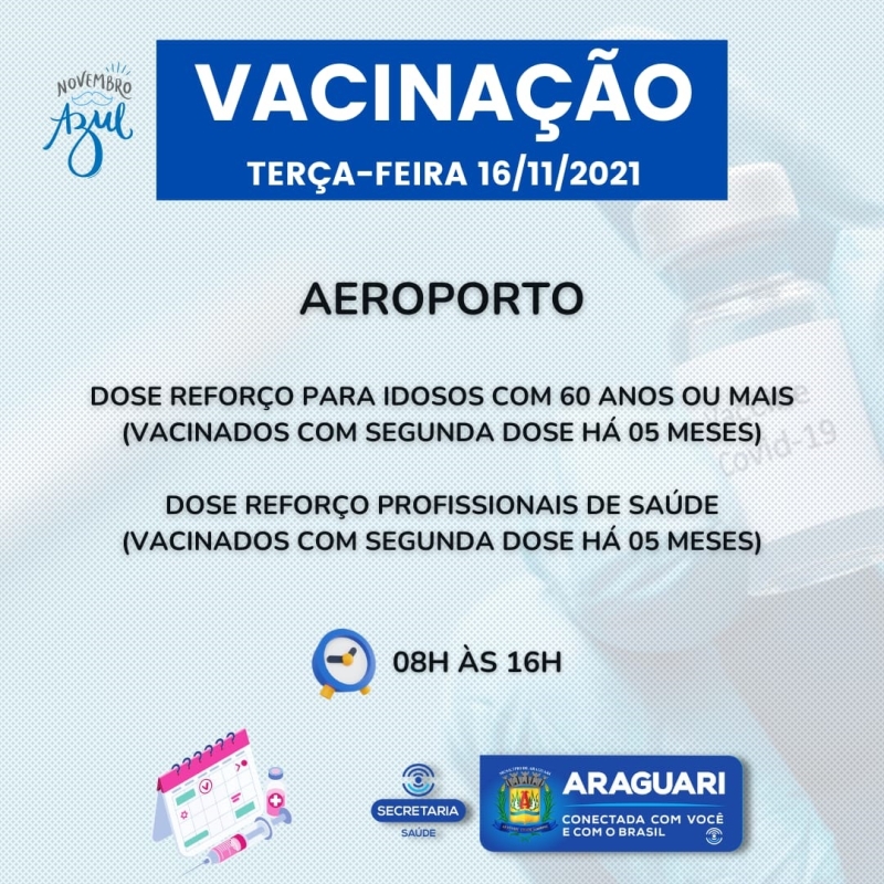 A prefeitura de Araguari através da secretaria de Saúde continuará nesta terça -feira (16), com a vacinação contra Covid-19 para pessoas com 12 anos ou mais que ainda não se vacinaram, segunda dose de Pfizer, Coronavac e Astrazeneca, dose de reforço para idosos de 60 anos ou mais, profissionais da Saúde e Imunossuprimidos.