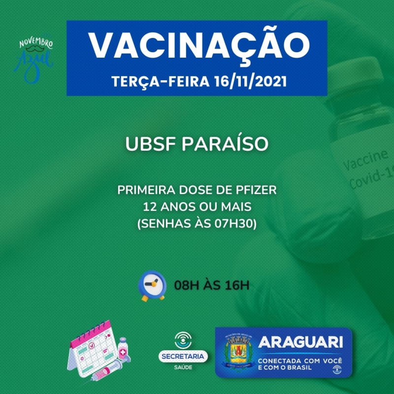 A prefeitura de Araguari através da secretaria de Saúde continuará nesta terça -feira (16), com a vacinação contra Covid-19 para pessoas com 12 anos ou mais que ainda não se vacinaram, segunda dose de Pfizer, Coronavac e Astrazeneca, dose de reforço para idosos de 60 anos ou mais, profissionais da Saúde e Imunossuprimidos.