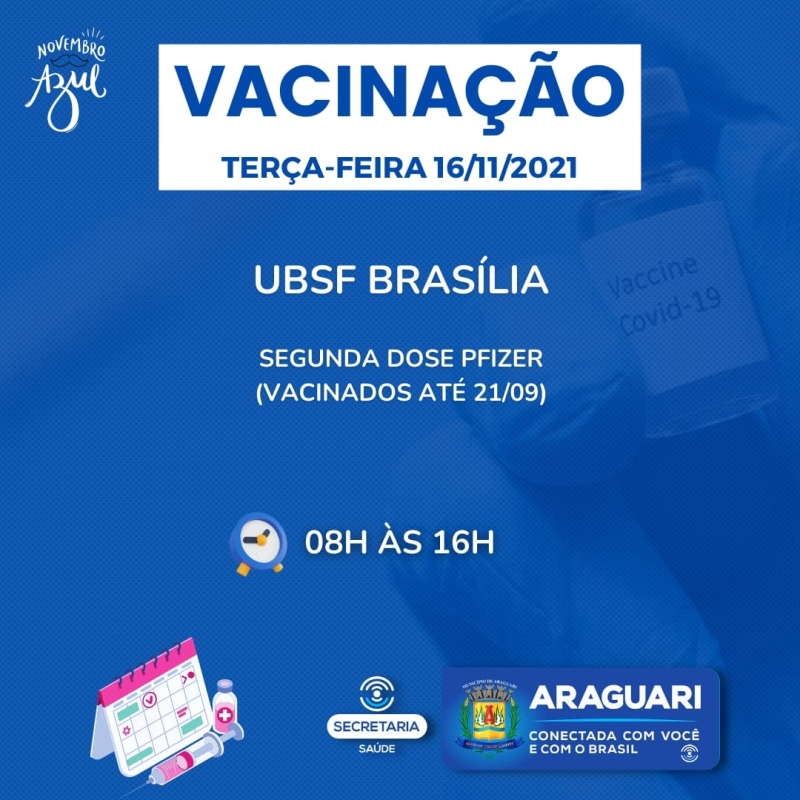 A prefeitura de Araguari através da secretaria de Saúde continuará nesta terça -feira (16), com a vacinação contra Covid-19 para pessoas com 12 anos ou mais que ainda não se vacinaram, segunda dose de Pfizer, Coronavac e Astrazeneca, dose de reforço para idosos de 60 anos ou mais, profissionais da Saúde e Imunossuprimidos.