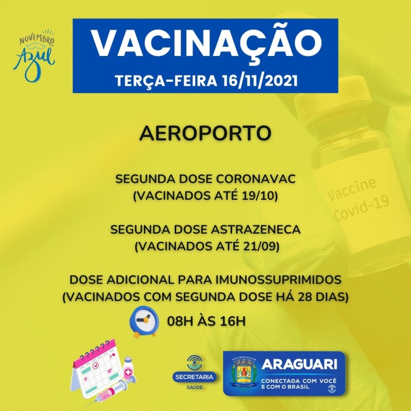 A prefeitura de Araguari através da secretaria de Saúde continuará nesta terça -feira (16), com a vacinação contra Covid-19 para pessoas com 12 anos ou mais que ainda não se vacinaram, segunda dose de Pfizer, Coronavac e Astrazeneca, dose de reforço para idosos de 60 anos ou mais, profissionais da Saúde e Imunossuprimidos.