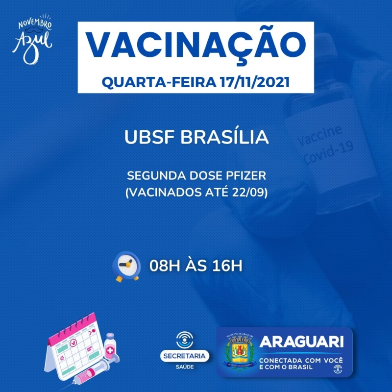 A prefeitura de Araguari através da secretaria de Saúde continuará nesta quarta -feira (17), com a vacinação contra Covid-19 para pessoas com 12 anos ou mais que ainda não se vacinaram, segunda dose de Pfizer, Coronavac e Astrazeneca, dose de reforço para idosos de 60 anos ou mais, profissionais da Saúde e Imunossuprimidos.