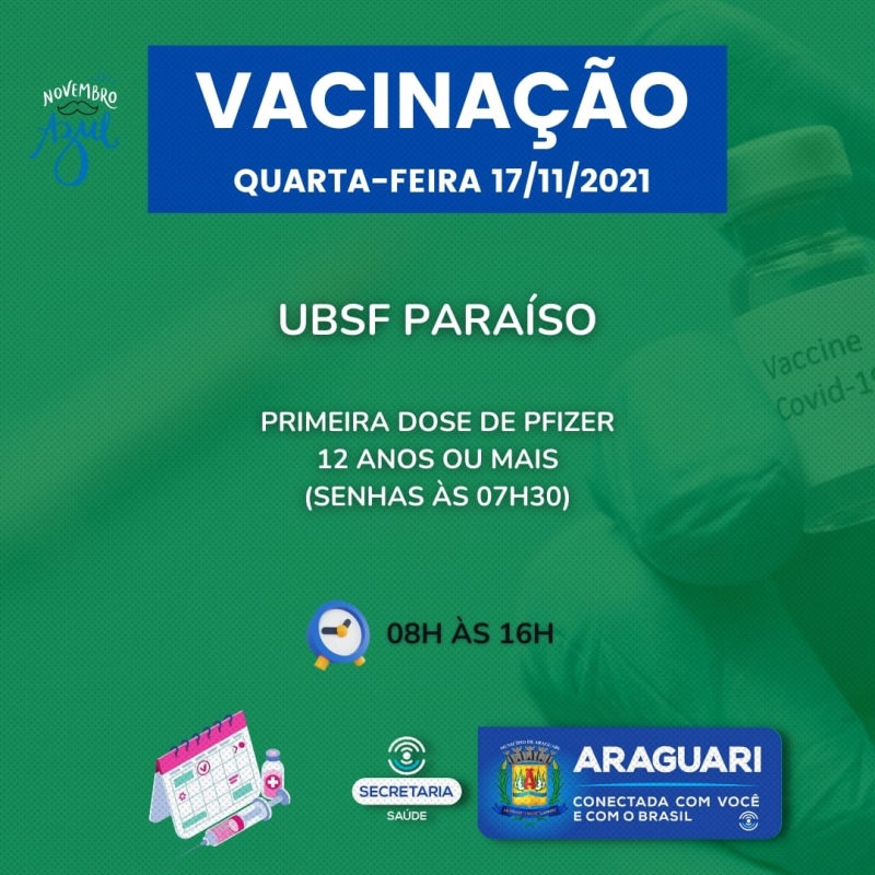 A prefeitura de Araguari através da secretaria de Saúde continuará nesta quarta -feira (17), com a vacinação contra Covid-19 para pessoas com 12 anos ou mais que ainda não se vacinaram, segunda dose de Pfizer, Coronavac e Astrazeneca, dose de reforço para idosos de 60 anos ou mais, profissionais da Saúde e Imunossuprimidos.