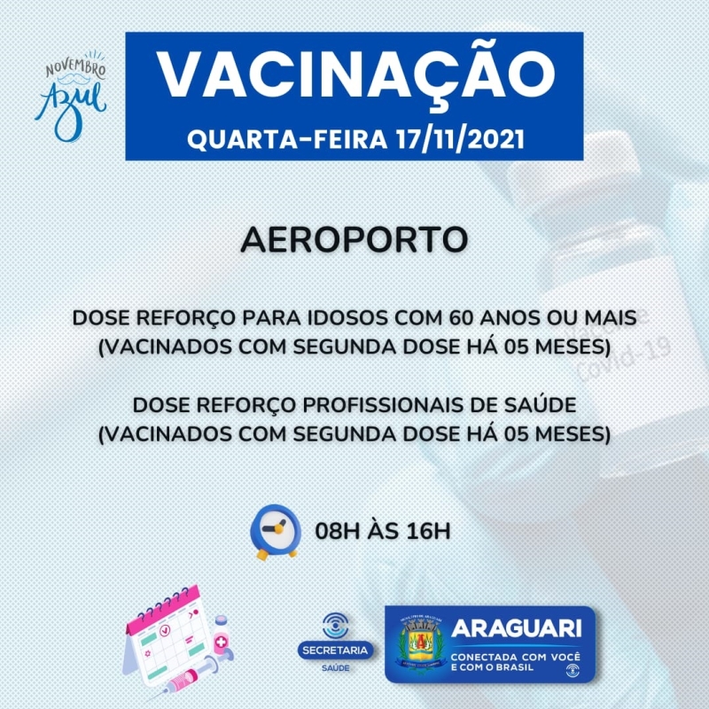 A prefeitura de Araguari através da secretaria de Saúde continuará nesta quarta -feira (17), com a vacinação contra Covid-19 para pessoas com 12 anos ou mais que ainda não se vacinaram, segunda dose de Pfizer, Coronavac e Astrazeneca, dose de reforço para idosos de 60 anos ou mais, profissionais da Saúde e Imunossuprimidos.