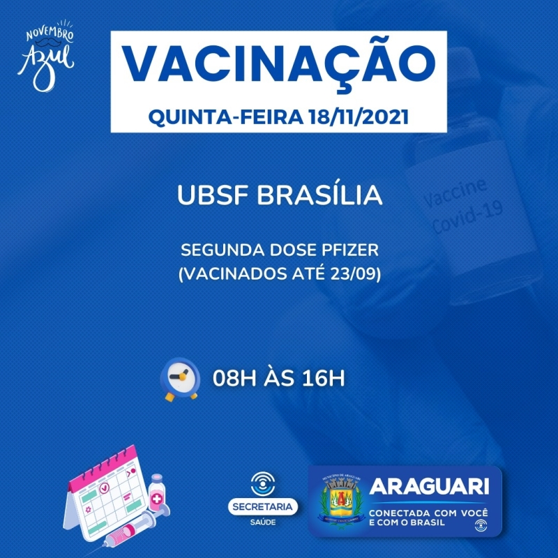 A prefeitura de Araguari através da secretaria de Saúde continuará nesta quinta-feira (18), com a vacinação contra Covid-19 para pessoas com 12 anos ou mais que ainda não se vacinaram, segunda dose de Pfizer, Coronavac e Astrazeneca, dose de reforço para idosos de 60 anos ou mais, profissionais da Saúde e Imunossuprimidos.