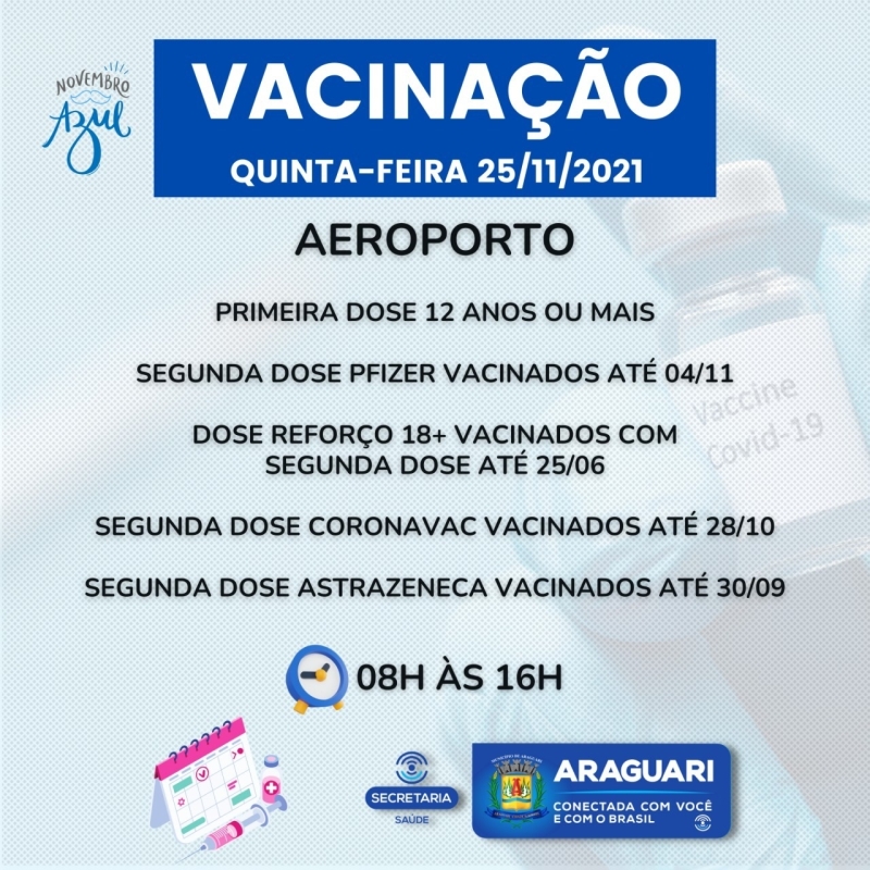 A prefeitura de Araguari através da secretaria de Saúde continuará nesta quinta-feira (25), com a imunização contra Covid-19 para pessoas com 12 anos ou mais que ainda não se vacinaram, segunda dose de Pfizer, dose de reforço para pessoas com 18 anos ou mais que tenham se vacinado com a segunda dose há 5 meses, profissionais da Saúde e Imunossuprimidos.