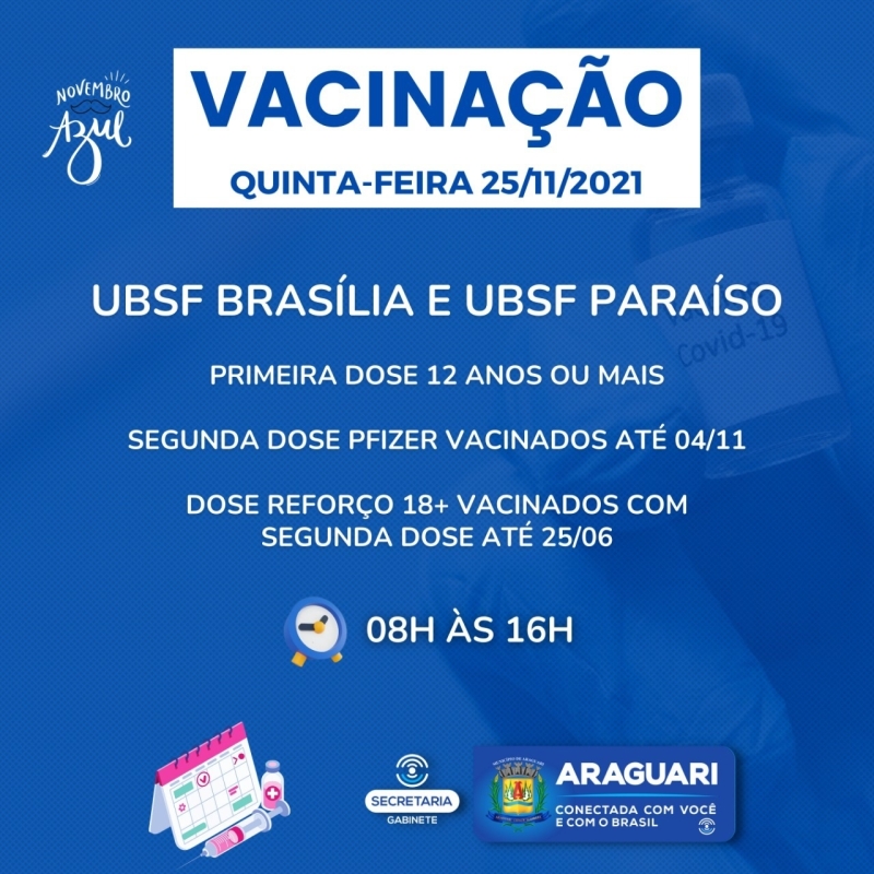 A prefeitura de Araguari através da secretaria de Saúde continuará nesta quinta-feira (25), com a imunização contra Covid-19 para pessoas com 12 anos ou mais que ainda não se vacinaram, segunda dose de Pfizer, dose de reforço para pessoas com 18 anos ou mais que tenham se vacinado com a segunda dose há 5 meses, profissionais da Saúde e Imunossuprimidos.