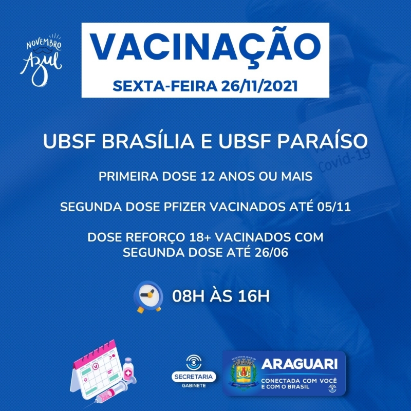 A prefeitura de Araguari através da secretaria de Saúde continuará nesta sexta-feira (26), com a imunização contra Covid-19 para pessoas com 12 anos ou mais que ainda não se vacinaram, segunda dose de Pfizer, dose de reforço para pessoas com 18 anos ou mais que tenham se vacinado com a segunda dose há 5 meses, profissionais da Saúde e Imunossuprimidos.