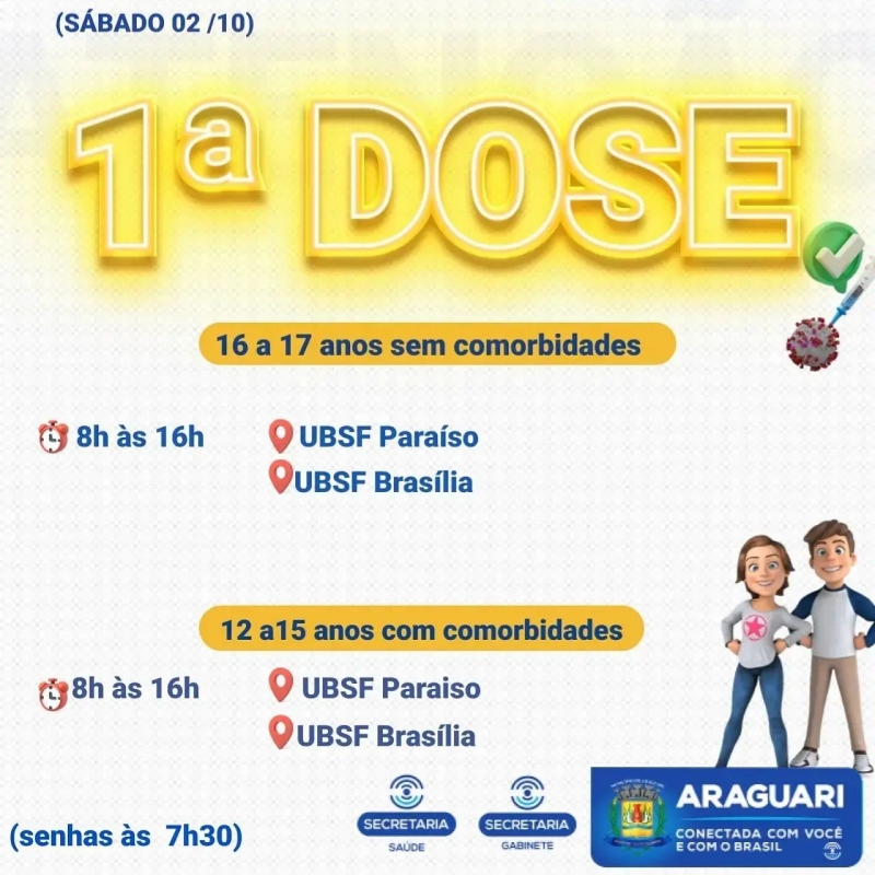 Neste sábado (02), a prefeitura de Araguari retomará com a vacinação de primeira dose para adolescentes sem comorbidades de 16 e 17 anos.