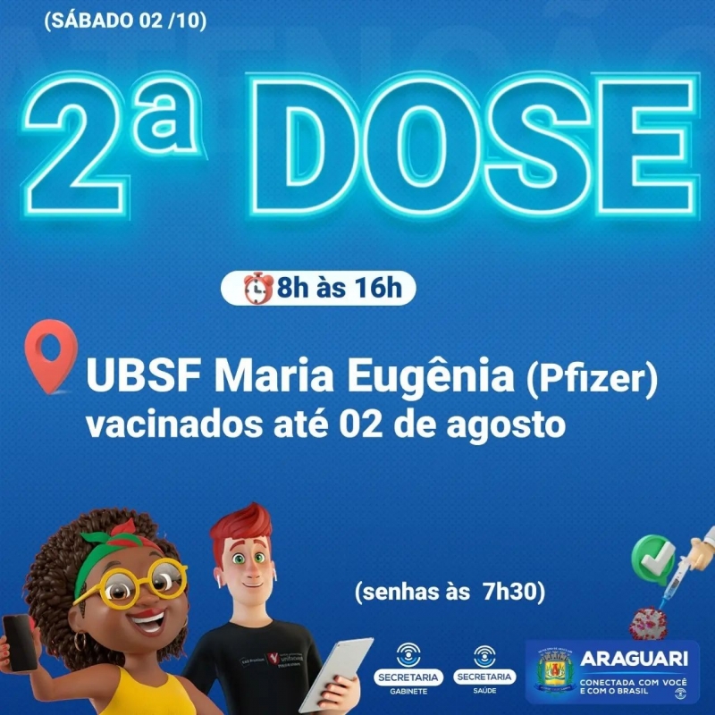 Neste sábado (02), a prefeitura de Araguari retomará com a vacinação de primeira dose para adolescentes sem comorbidades de 16 e 17 anos.
