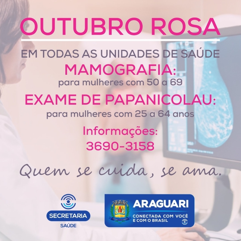 Apoiando a campanha Outubro Rosa tendo em vista que a prevenção é sempre o melhor remédio, a prefeitura de Araguari por meio da secretaria de Saúde, intensifica durante todo o mês os exames gratuitos de mamografia e papanicolau.