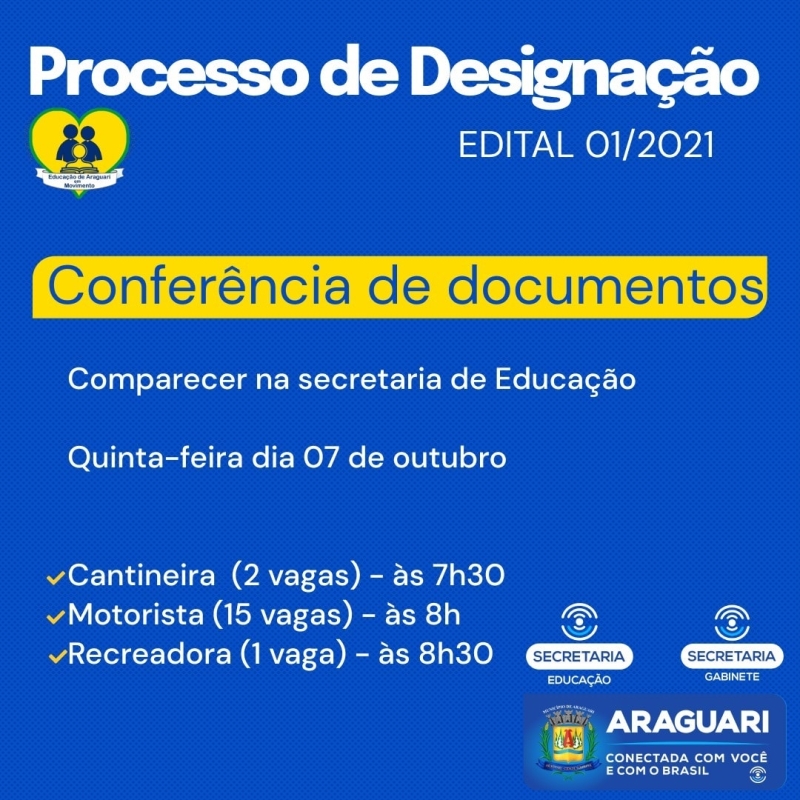 A prefeitura de Araguari através da secretaria de Educação, convoca os candidatos inscritos para o Processo de Designação 001/2021 a comparecerem na sede da secretaria, nesta quinta-feira (07), para conferência de documentos para fins de contratação temporária, nos seguintes horários