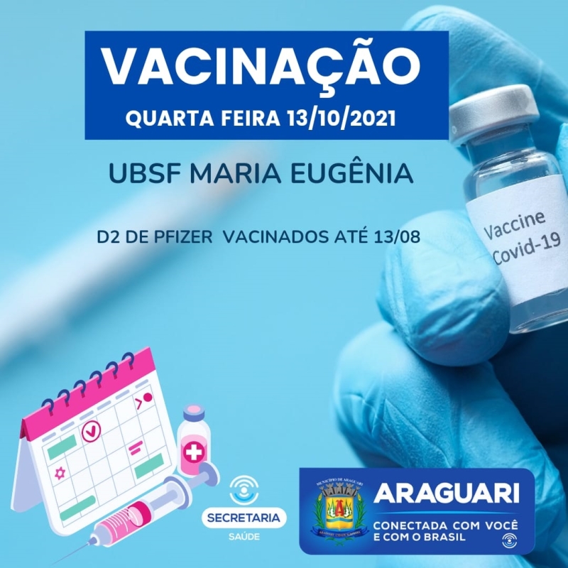 A prefeitura de Araguari por intermédio da Secretaria de Saúde continuará nesta quarta-feira (13) com a vacinação de primeira, segunda e terceira dose.(reforço)