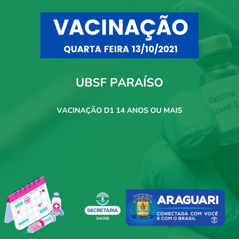 A prefeitura de Araguari por intermédio da Secretaria de Saúde continuará nesta quarta-feira (13) com a vacinação de primeira, segunda e terceira dose.(reforço)