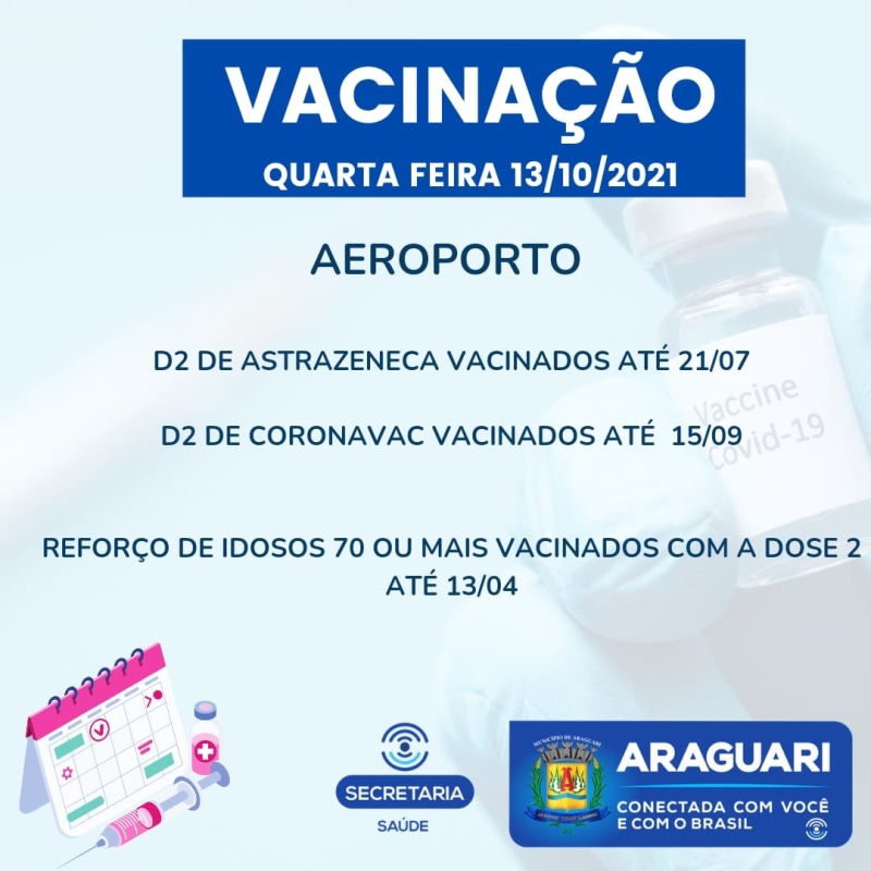 A prefeitura de Araguari por intermédio da Secretaria de Saúde continuará nesta quarta-feira (13) com a vacinação de primeira, segunda e terceira dose.(reforço)