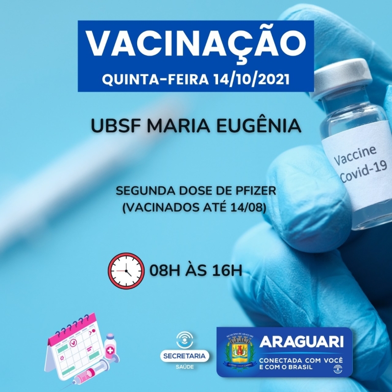 A prefeitura de Araguari por intermédio da secretaria de Saúde continuará nesta quinta-feira (14) com a vacinação de primeira, segunda e terceira dose (reforço).  As senhas para a vacinação de primeira dose, serão distribuídas às 7h30 e não serão atendidos adolescentes sem a companhia de um dos pais ou responsável.  Os profissionais de Saúde deverão comprovar vínculo com as instituições apresentando crachá, holerite ou carteira de trabalho.  Onde se vacinar primeira dose das 8h às 16h pessoas com 14 anos ou mais: UBSF Paraíso  Onde se vacinar dose de reforço para profissionais de saúde – das 8h às 16h UBSF Brasília  Onde vacinar segunda dose de Pfizer para os vacinados até 14/08 UBSF Maria Eugênia  Onde vacinar segunda dose de Astrazeneca para os vacinados até 22/07 Aeroporto  Onde se vacinar segunda dose de Coronavac nos vacinados até 16/09 Aeroporto  Onde vacinar reforço de idosos 70 anos ou mais vacinados com segunda dose até 14/04 Aeroporto  Lembramos que é essencial levar o cartão de vacinação e um documento com foto.