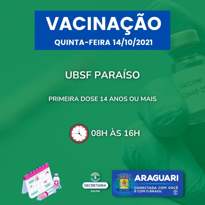 A prefeitura de Araguari por intermédio da secretaria de Saúde continuará nesta quinta-feira (14) com a vacinação de primeira, segunda e terceira dose (reforço).  As senhas para a vacinação de primeira dose, serão distribuídas às 7h30 e não serão atendidos adolescentes sem a companhia de um dos pais ou responsável.  Os profissionais de Saúde deverão comprovar vínculo com as instituições apresentando crachá, holerite ou carteira de trabalho.  Onde se vacinar primeira dose das 8h às 16h pessoas com 14 anos ou mais: UBSF Paraíso  Onde se vacinar dose de reforço para profissionais de saúde – das 8h às 16h UBSF Brasília  Onde vacinar segunda dose de Pfizer para os vacinados até 14/08 UBSF Maria Eugênia  Onde vacinar segunda dose de Astrazeneca para os vacinados até 22/07 Aeroporto  Onde se vacinar segunda dose de Coronavac nos vacinados até 16/09 Aeroporto  Onde vacinar reforço de idosos 70 anos ou mais vacinados com segunda dose até 14/04 Aeroporto  Lembramos que é essencial levar o cartão de vacinação e um documento com foto.