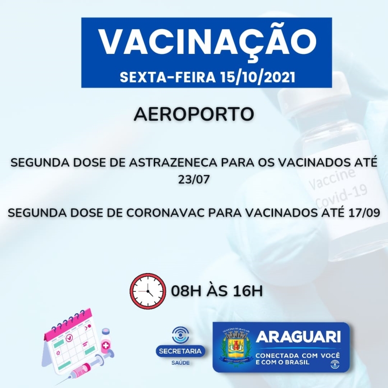 A prefeitura de Araguari por intermédio da secretaria de Saúde continuará nesta sexta-feira (15) somente com a vacinação segunda de Astrazeneca, Coronavac e Pfizer.