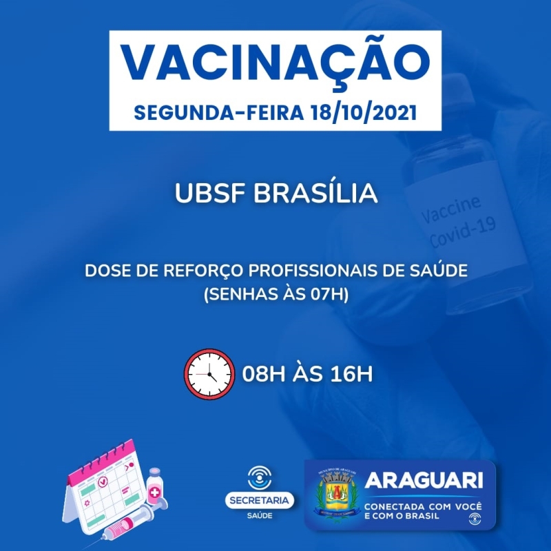 A prefeitura de Araguari por intermédio da secretaria de Saúde retomará nesta segunda-feira (18) com a vacinação de segunda e terceira dose (reforço) para idosos e profissionais da Saúde.