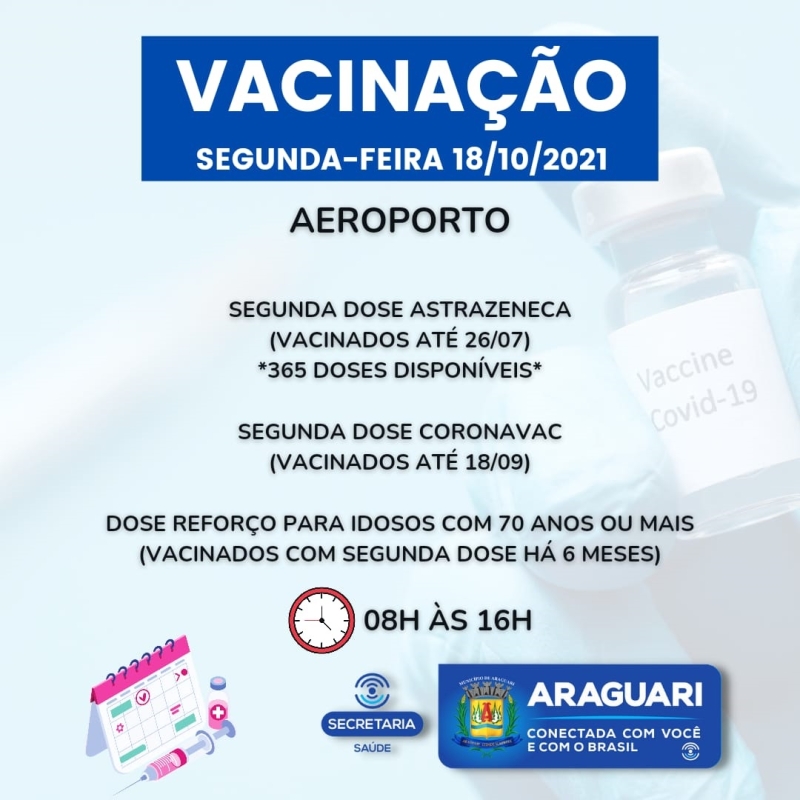 A prefeitura de Araguari por intermédio da secretaria de Saúde retomará nesta segunda-feira (18) com a vacinação de segunda e terceira dose (reforço) para idosos e profissionais da Saúde.