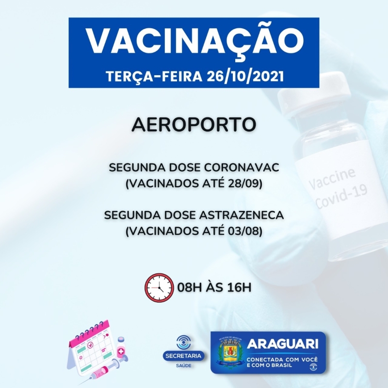 Nesta terça-feira (25) a prefeitura de Araguari retoma a vacinação de pessoas com 12 anos ou mais que ainda não se vacinaram com a primeira dose. Será disponibilizada também a segunda dose de Pfizer, Coronavac e Astrazeneca, dose de reforço para idosos de 67 anos ou mais, profissionais da Saúde e Imunossuprimidos.