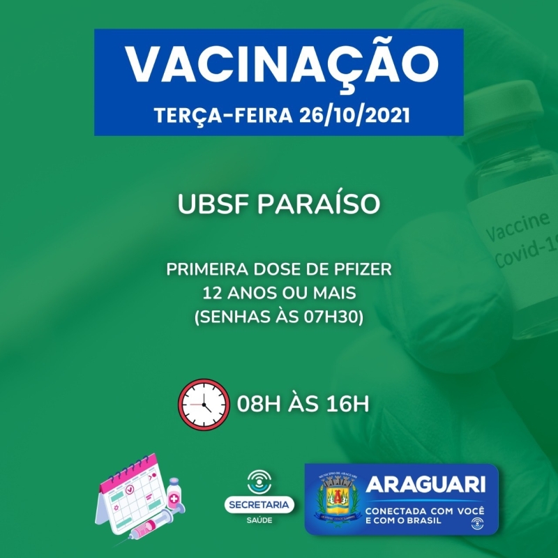 Nesta terça-feira (25) a prefeitura de Araguari retoma a vacinação de pessoas com 12 anos ou mais que ainda não se vacinaram com a primeira dose. Será disponibilizada também a segunda dose de Pfizer, Coronavac e Astrazeneca, dose de reforço para idosos de 67 anos ou mais, profissionais da Saúde e Imunossuprimidos.