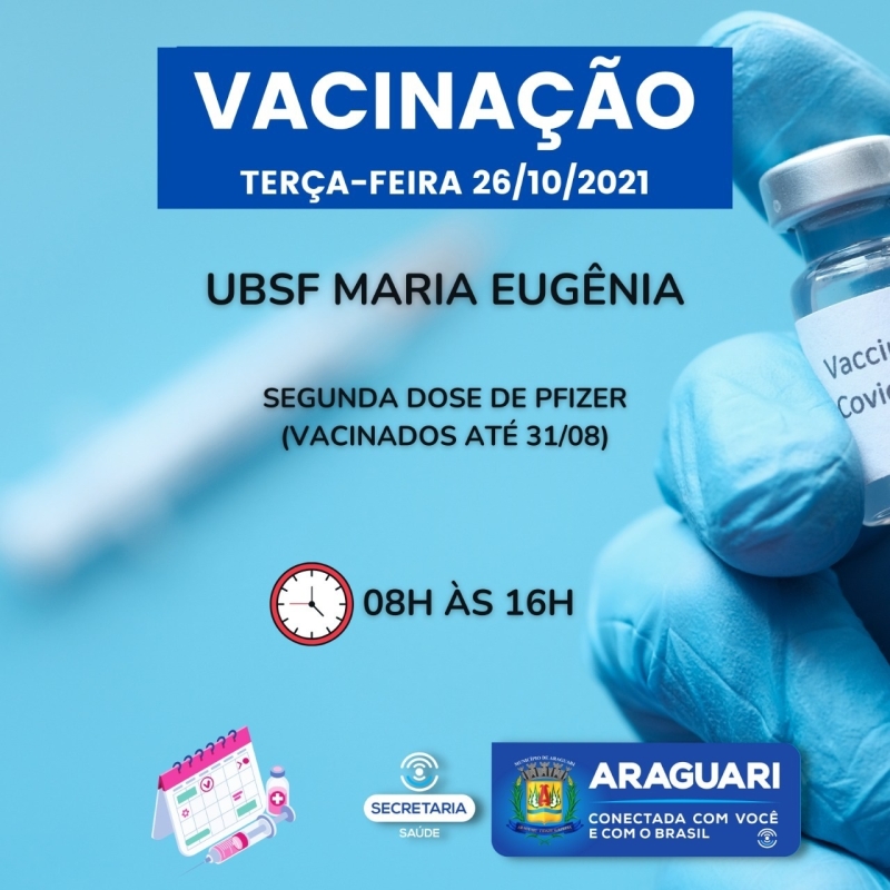 Nesta terça-feira (25) a prefeitura de Araguari retoma a vacinação de pessoas com 12 anos ou mais que ainda não se vacinaram com a primeira dose. Será disponibilizada também a segunda dose de Pfizer, Coronavac e Astrazeneca, dose de reforço para idosos de 67 anos ou mais, profissionais da Saúde e Imunossuprimidos.